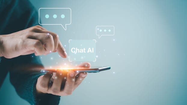 Human using smartphone for digital chatbot, chat Ai, robot application, conversation assistant, AI Artificial Intelligence concept, digital chatbot on virtual screen, Ai is assistant.