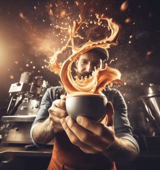 make latte art golden cappuccino at bar expert barista splashing cream fantasy illustration render art generated