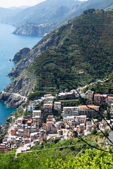 Panoramic view of the town of Riomaggiore Cinque Terre Liguria Italy 