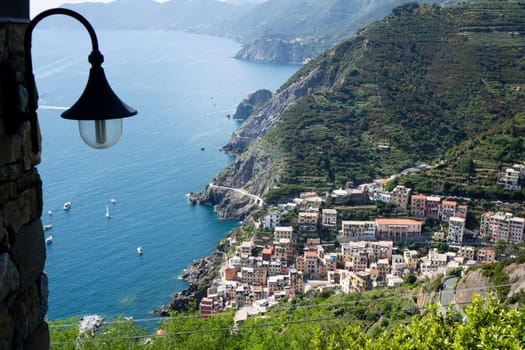 Panoramic view of the town of Riomaggiore Cinque Terre Liguria Italy 