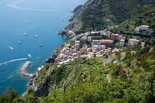 Panoramic view of the town of Riomaggiore Cinque Terre Liguria Italy 