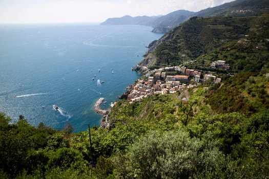 Panoramic view of the town of Riomaggiore Cinque Terre Liguria Italy 