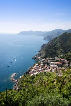 Panoramic view of the town of Riomaggiore Cinque Terre Liguria Italy 