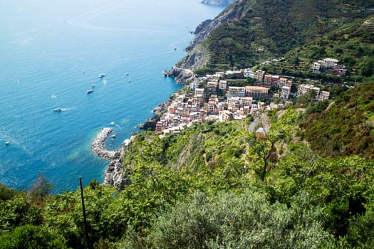 Panoramic view of the town of Riomaggiore Cinque Terre Liguria Italy 