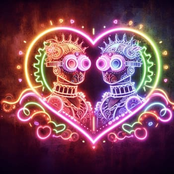 steampunk king and queen in love neon sign valentines illustration concept rusty background generative ai art