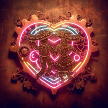 steampunk bee king and queen in love neon sign valentines illustration concept rusty background generative ai art