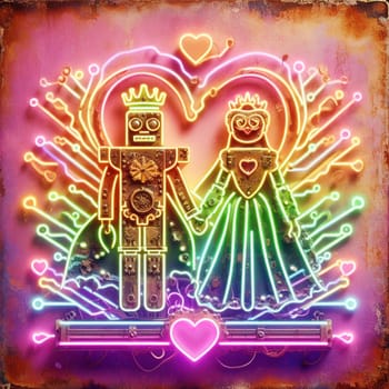 steampunk king and queen in love neon sign valentines illustration concept rusty background generative ai art