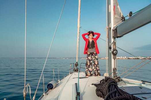 Woman standing on the nose of the yacht at a sunny summer day, breeze developing hair, beautiful sea on background.