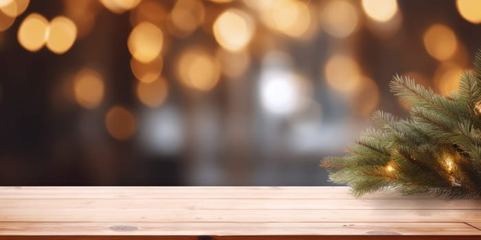 Merry Christmas and Happy New Year background with empty wooden table over Christmas tree and blurred light bokeh. Empty display for product placement. Rustic vintage Xmas 2024 background. comeliness