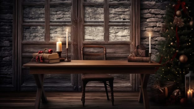 wider view of wooden desk with christmas decor at home in winter comeliness