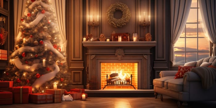 Interior of decorated living room with Christmas tree and comfortable sofa for family comeliness