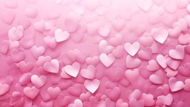 Valentines day background of pink confetti in the form of hearts, Flat lay style with minimalistic design. Template for banner or party invitation. Generative AI.