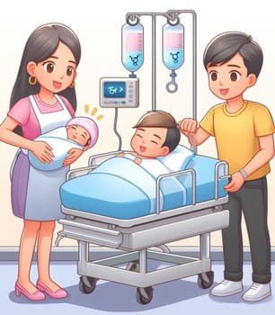 illustration depicting medical staff people at the hospital take care of newborn baby ai generated