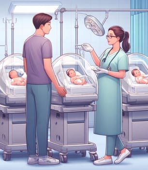 illustration depicting medical staff people at the hospital take care of newborn baby ai generated