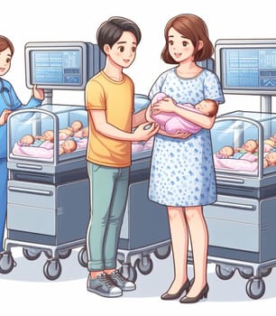 illustration depicting medical staff people at the hospital take care of newborn baby ai generated