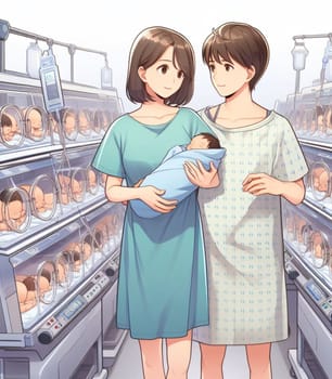 illustration depicting medical staff people at the hospital take care of newborn baby ai generated