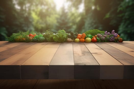 Fresh organic vegetables lie on wood table top in the garden.