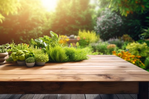 Assorted fresh organic herbs on a wooden table in the garden.