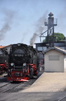 Vertical shot of Harz Narrow Gauge Railways steam locomotives at the Wernigerode station in Germany