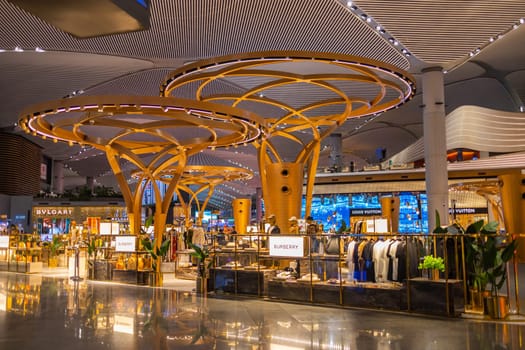 ISTANBUL, TURKEY - August 09, 2022: A view of duty free shops and stores at the international departure terminal of New International Istanbul Airport