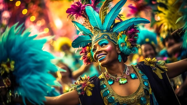 portrait of a woman at the carnival in a mask and colorful decorations