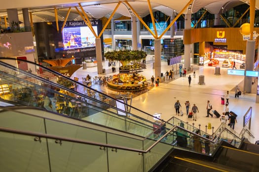 ISTANBUL, TURKEY - August 09, 2022: A view of duty free shops and stores at the international departure terminal of New International Istanbul Airport