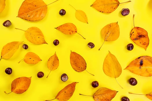 Tabletop view, gold brown colored autumn leaves and horse chestnuts on yellow board. Abstract fall background