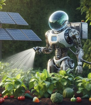 robot watering working in the farm vegetable garden to grow produce for human consumption ai generated