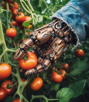 robot working in the farm vegetable garden to grow produce for human consumption ai generated