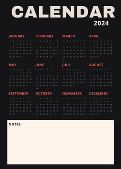 Black vertical calendar for 2024. modern minimalistic 2024 Calendar for year