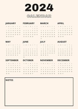 Beige vertical calendar for 2024. modern minimalistic 2024 Calendar with notes