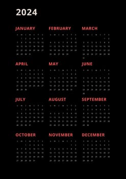 Black vertical calendar for 2024. modern minimalistic 2024 Calendar for year