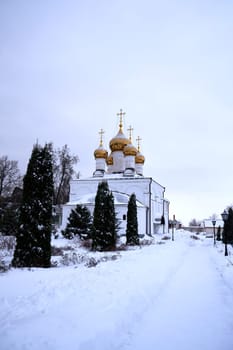 The territory of the Solotchinsky monastery on a cloudy winter day