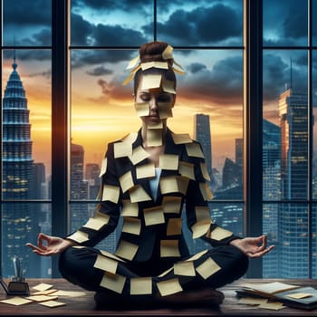 a stressed woman covered of post it notes in lotus yoga position relaxing at the office ai generated