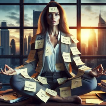 a stressed woman covered of post it notes in lotus yoga position relaxing at the office ai generated