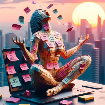 a stressed woman covered of post it notes in lotus yoga position relaxing at the office ai generated