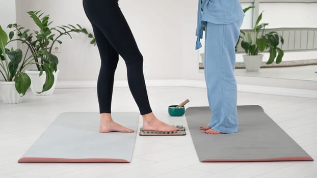 Caucasian woman stands on sadhu boards with therapist support