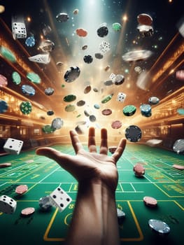 casino scene on a gaming table, freeze action fly dice, cards and chips, dark, bokeh , human hand generative ai art