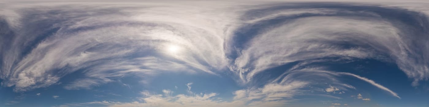 Sky panorama with Cirrus clouds in Seamless spherical equirectangular format. Full zenith for use in 3D graphics, game and editing aerial drone 360 degree panoramas for sky replacement