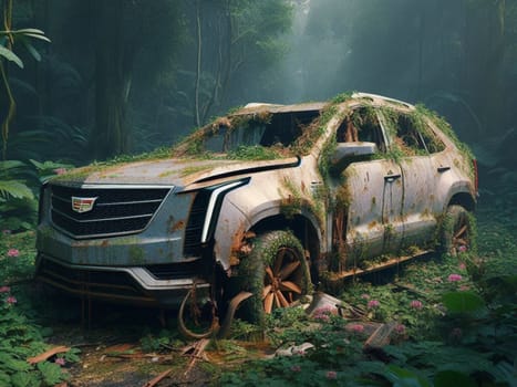 Abandoned rusty expensive atmospheric 4x4 suvas circulation banned for co2 emission 2030 agenda , severe damage, broken parts, plants overgrowth bloom flowers. ai generated