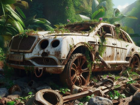 Abandoned rusty expensive atmospheric 4x4 suvas circulation banned for co2 emission 2030 agenda , severe damage, broken parts, plants overgrowth bloom flowers. ai generated