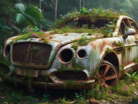 Abandoned rusty expensive atmospheric 4x4 suvas circulation banned for co2 emission 2030 agenda , severe damage, broken parts, plants overgrowth bloom flowers. ai generated