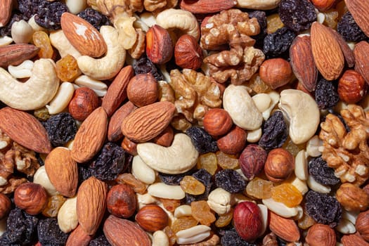 Mixed Nuts: Almonds, Walnuts, Cashews, Peanuts, Hazelnuts, Dried Prunes and Raisins. Different Nut Mix. Background from Various Nuts and Dried Fruits