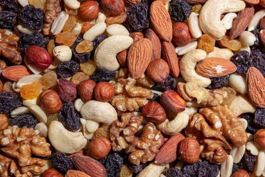Mixed Nuts: Almonds, Walnuts, Cashews, Peanuts, Hazelnuts, Dried Prunes and Raisins. Different Nut Mix. Background from Various Nuts and Dried Fruits
