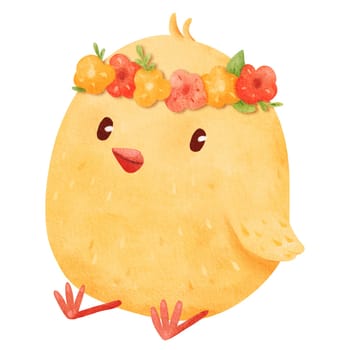 Charming, fluffy yellow chick sitting in a vibrant floral wreath. Cartoon-style illustration capturing the whimsical charm of a playful little bird. for conveying a cheerful and lively atmosphere.