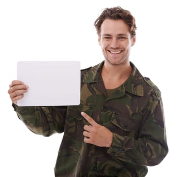 Man with poster, military recruitment and advertising on white background with patriot and smile in portrait. Army mockup, announcement banner and soldier in studio, communication and join us sign.