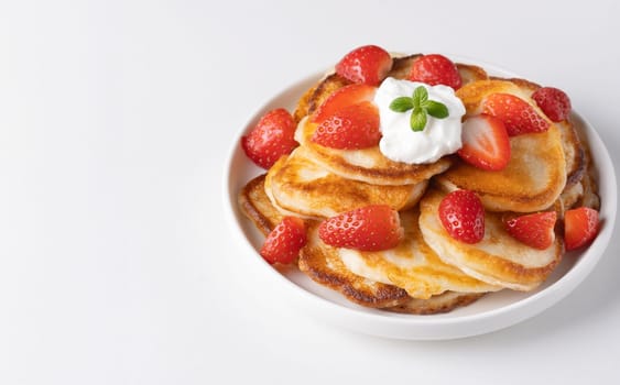 Mini pancakes with strawberry and sour cream with place for text.