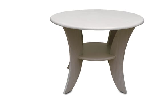 Small low round coffee table. Presented on a white background.