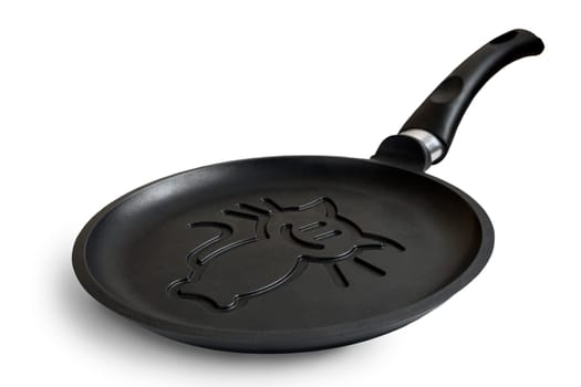 Comfortable cast iron pan with a ceramic coating to make pancakes. Presented on a white background.