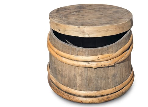 Old oak barrels with wooden hoops. Presented on a white background.